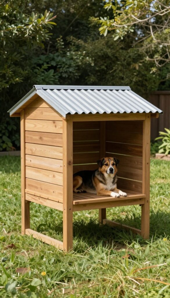 Elevated platform dog kennel in backyard with dog resting on slatted floor