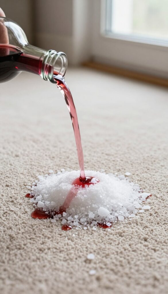 White salt being poured onto a red wine spill on a light beige carpet to absorb the stain
