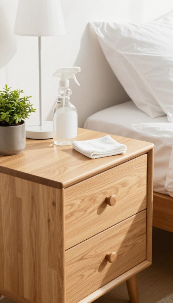 A clean wooden nightstand with a disinfectant spray and microfiber cloth in a bright bedroom