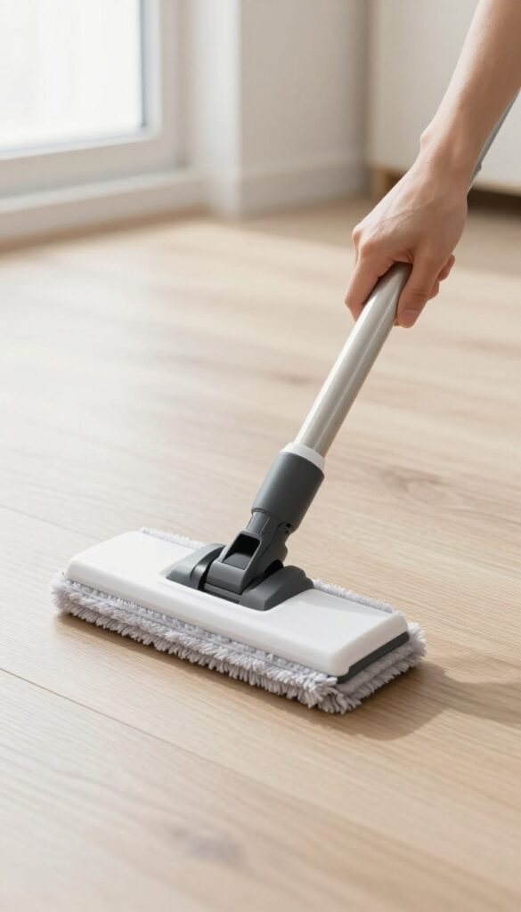 Person using steam mop on laminate floor with caution, bright natural light