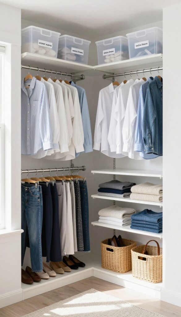 Organized closet with double hanging rods, shelf risers, and stackable bins using vertical space