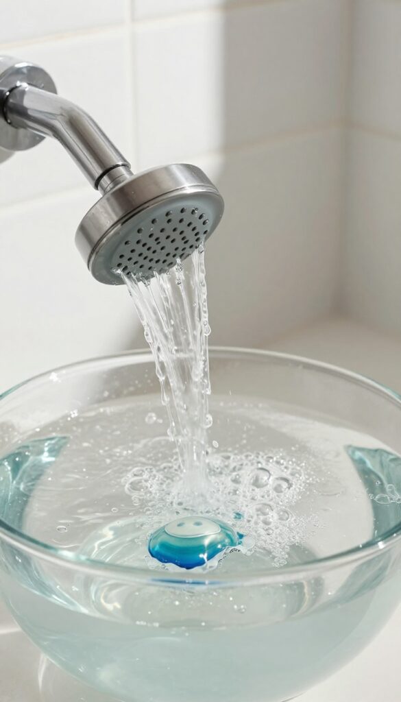 Shower head soaking in hot water with a dissolving dishwasher pod