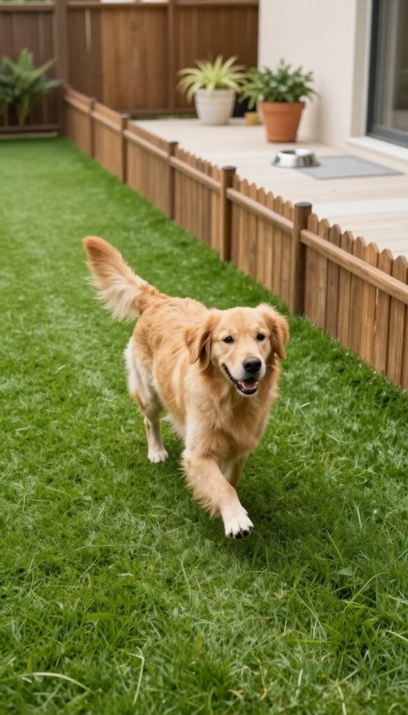 Dog running on artificial turf in a clean backyard with no mud