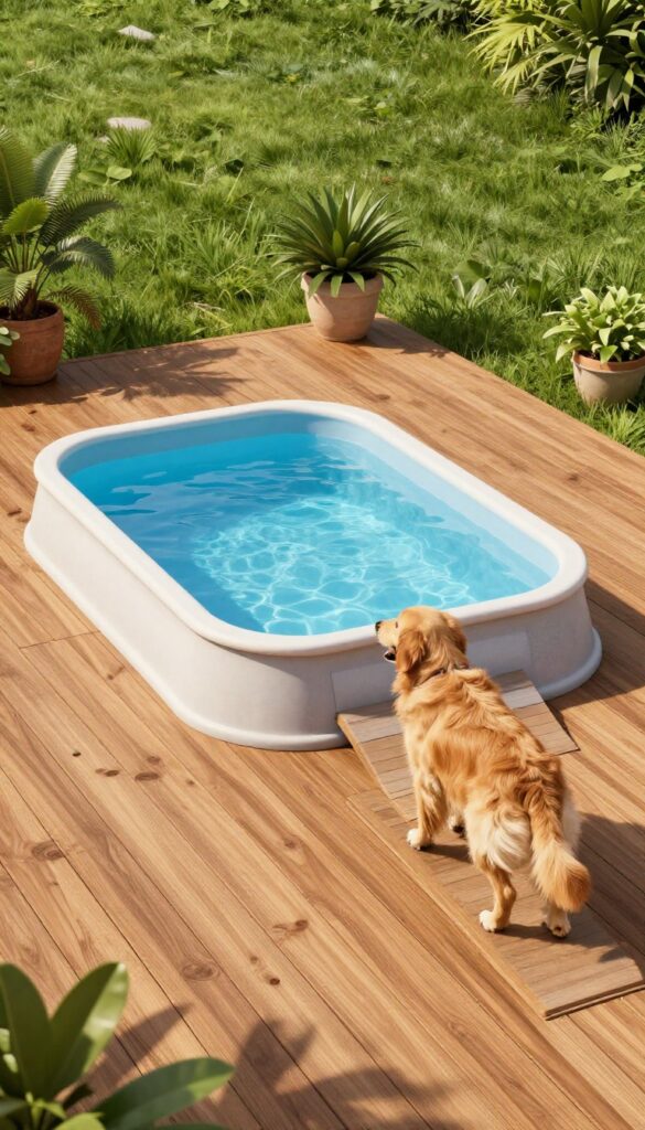 Raised dog pool with wooden deck in backyard, dog climbing out of pool