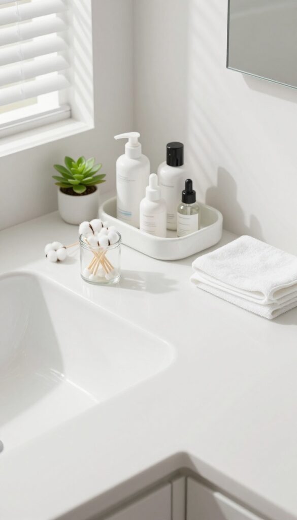 A tidy bathroom vanity with organized countertop items, soft natural lighting, and a clean, calming aesthetic.