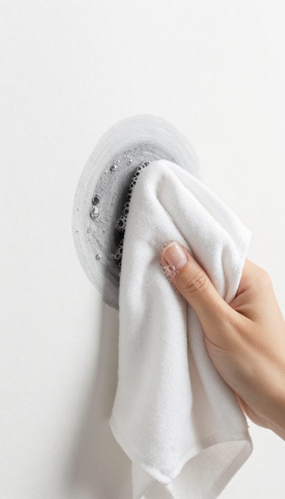 Cleaning an ink stain on a white wall with club soda and a white cloth