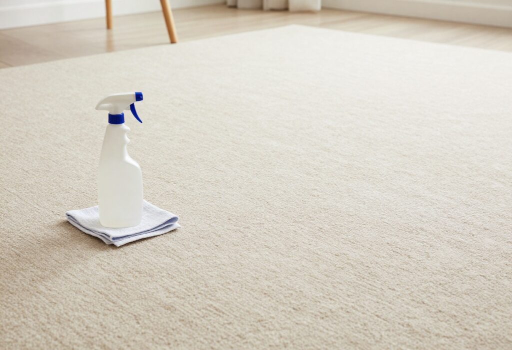 Clean beige carpet with cleaning supplies nearby
