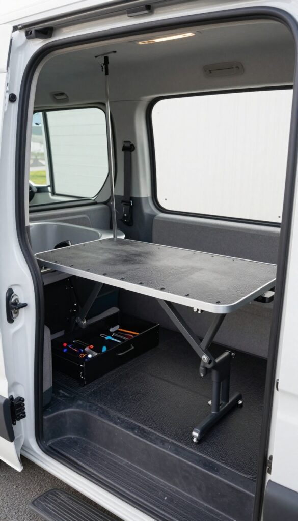 Fold-down work table in a dog grooming van with storage underneath