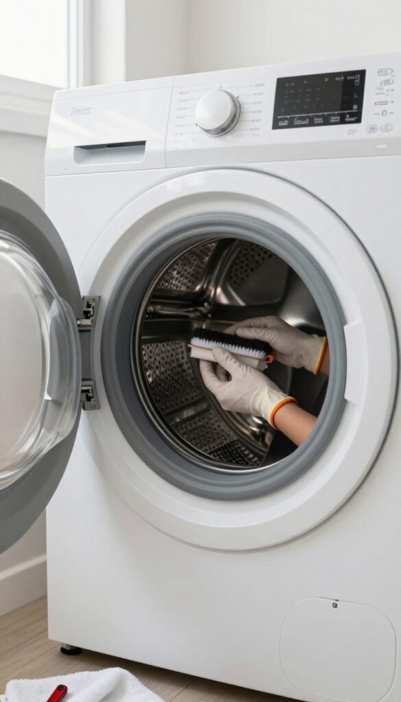 Professional technician cleaning inside a front load washer with the front panel removed