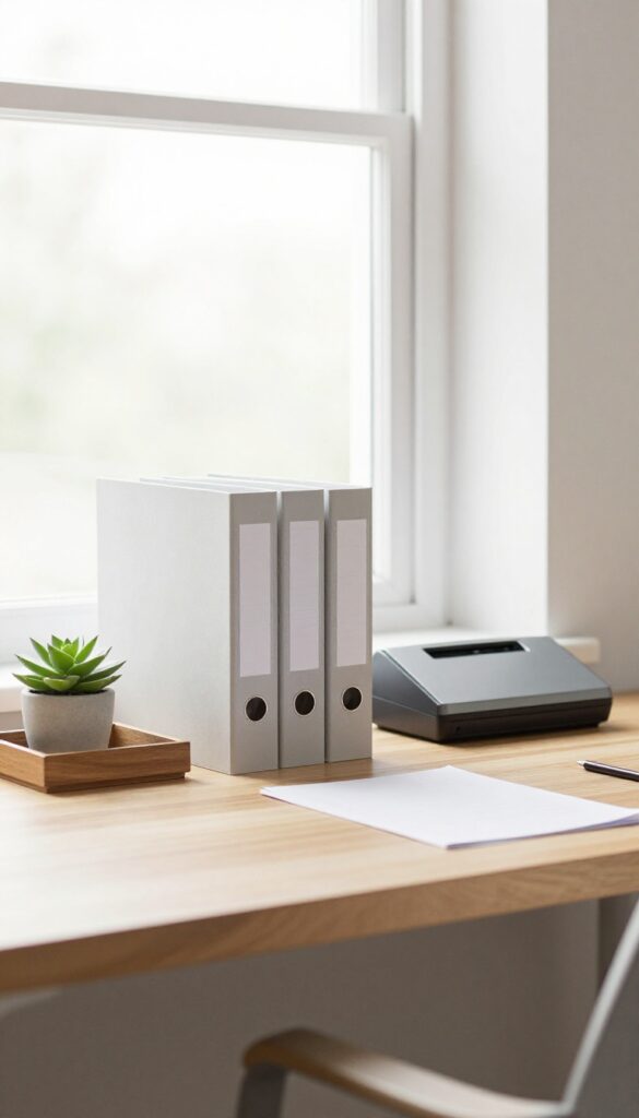Organized home office desk with filing system, scanner, and paper tray in natural light
