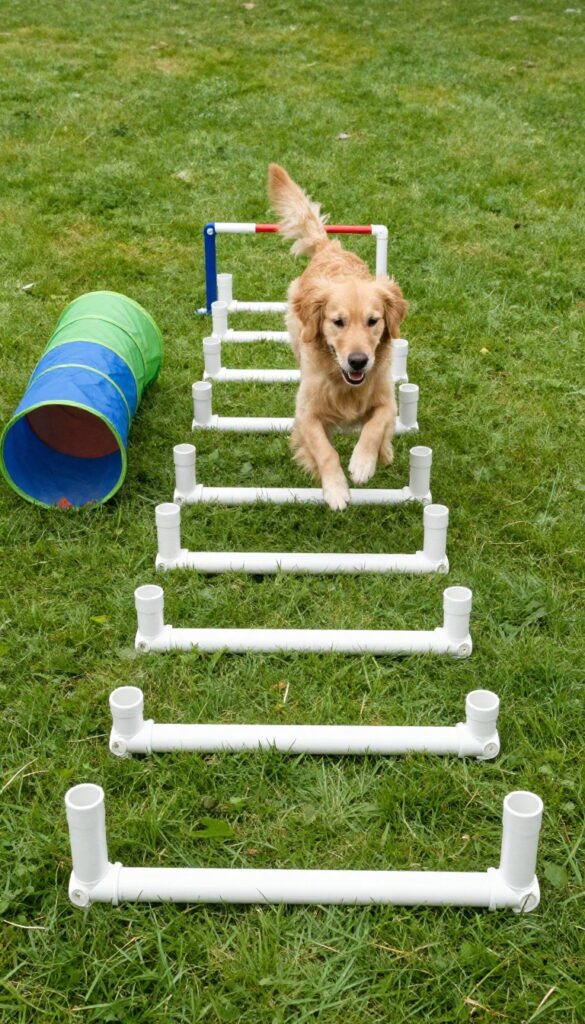 DIY dog agility course in a sunny backyard with PVC jumps, weave poles, and a tunnel, a golden retriever jumping over a hurdle.