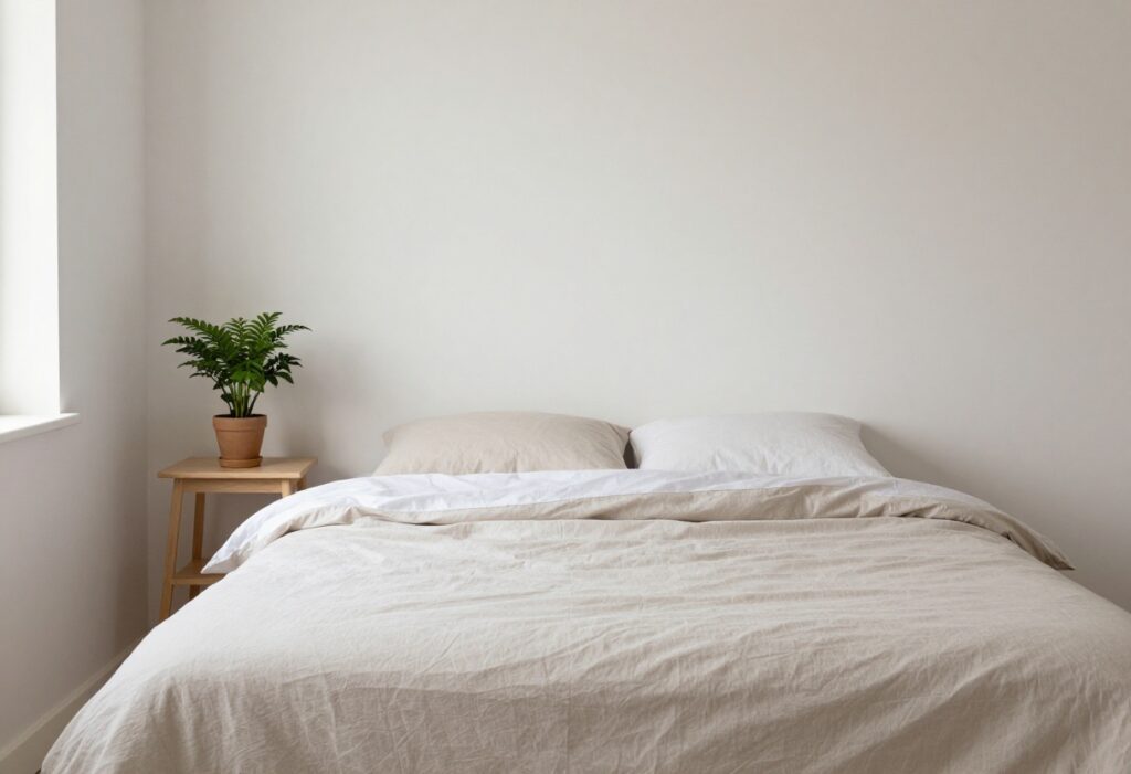 Aesthetic clean bedroom with made bed and plant