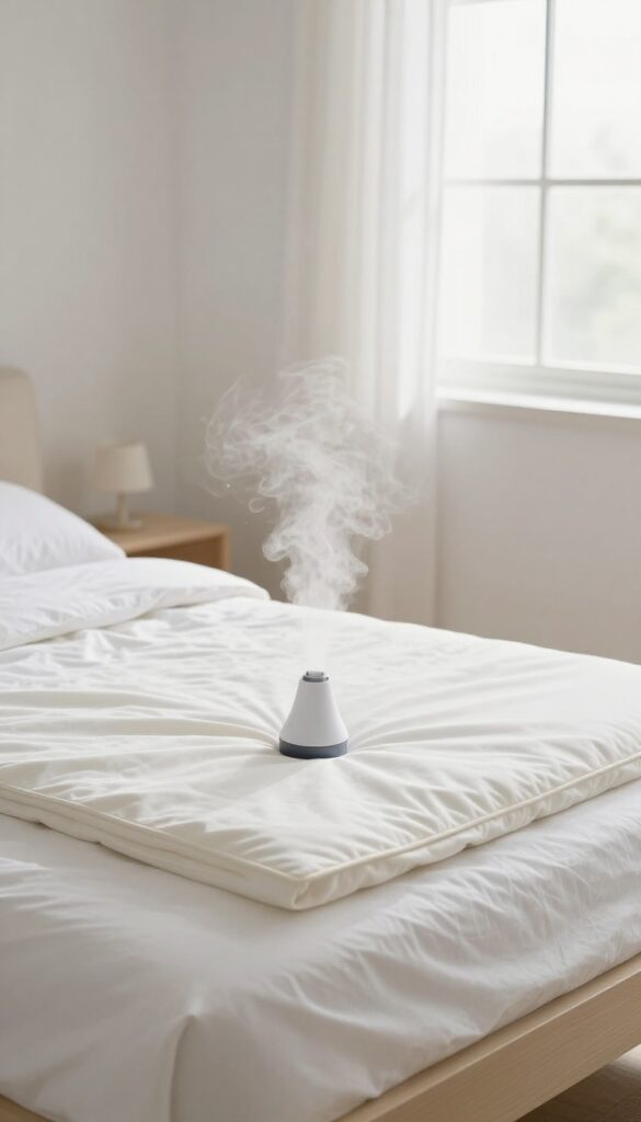 Steam cleaning a mattress with a handheld steamer in a bright bedroom