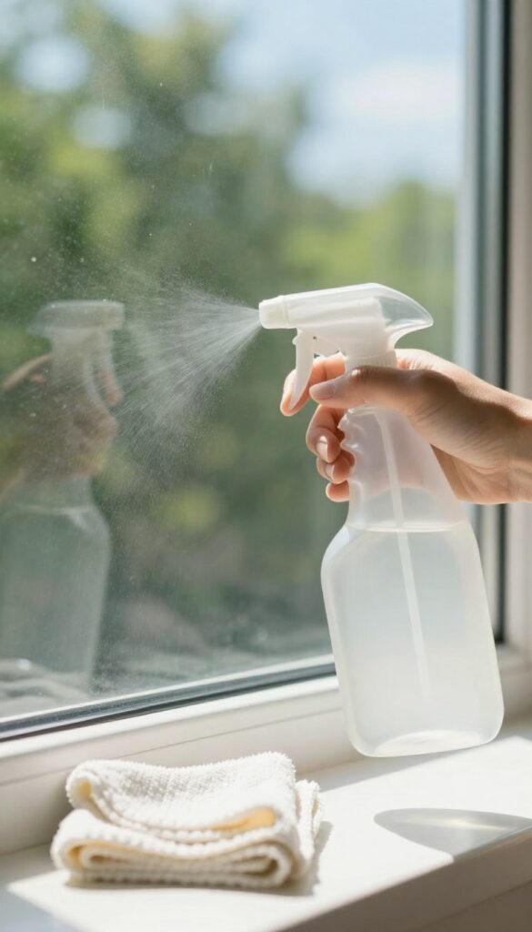 Spray bottle cleaning a streak-free glass window with natural light and outdoor reflection