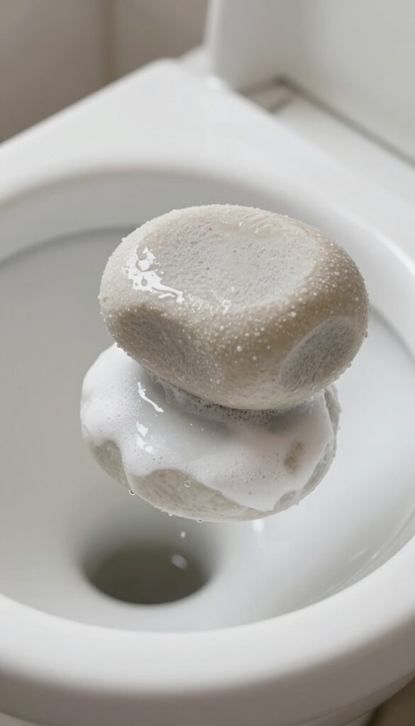 Pumice stone gently abrading a hard water ring stain on a white porcelain toilet bowl in bright natural light
