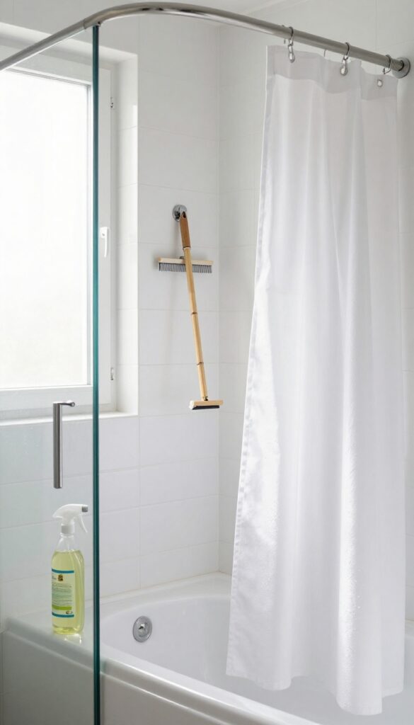Sparkling clean shower with glass doors and tile walls, natural light, cleaning tools visible