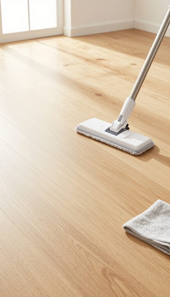 Steam mop gliding over laminate floor in bright natural light