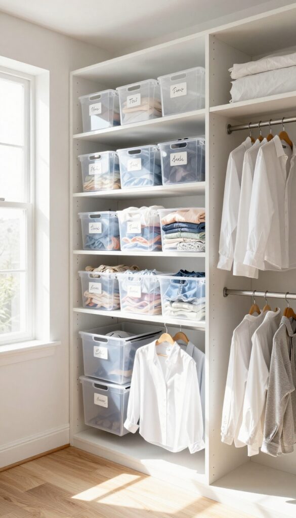 Closet with clear storage bins for seasonal clothing, bright natural light, organized and spacious.