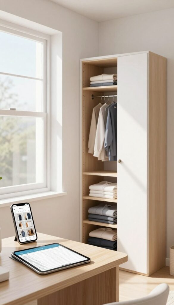 A digital wardrobe inventory setup with a smartphone app and tablet on a desk, next to an organized closet.