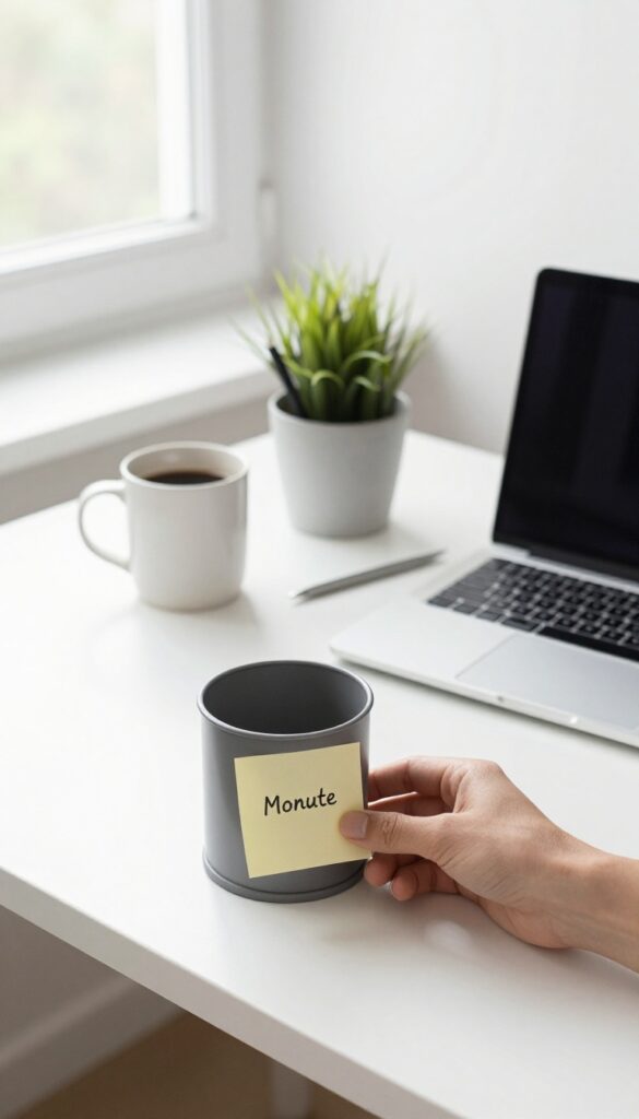 A clean desk with a hand tossing a sticky note into a wastebasket, illustrating the one-minute rule for desk organization.