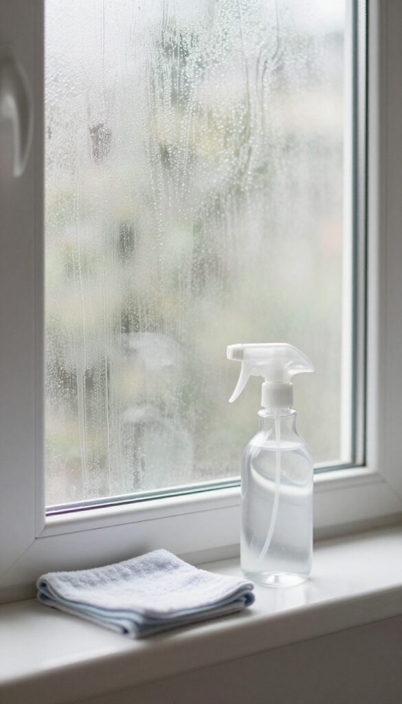 Kitchen window cleaning with rubbing alcohol spray and microfiber cloth