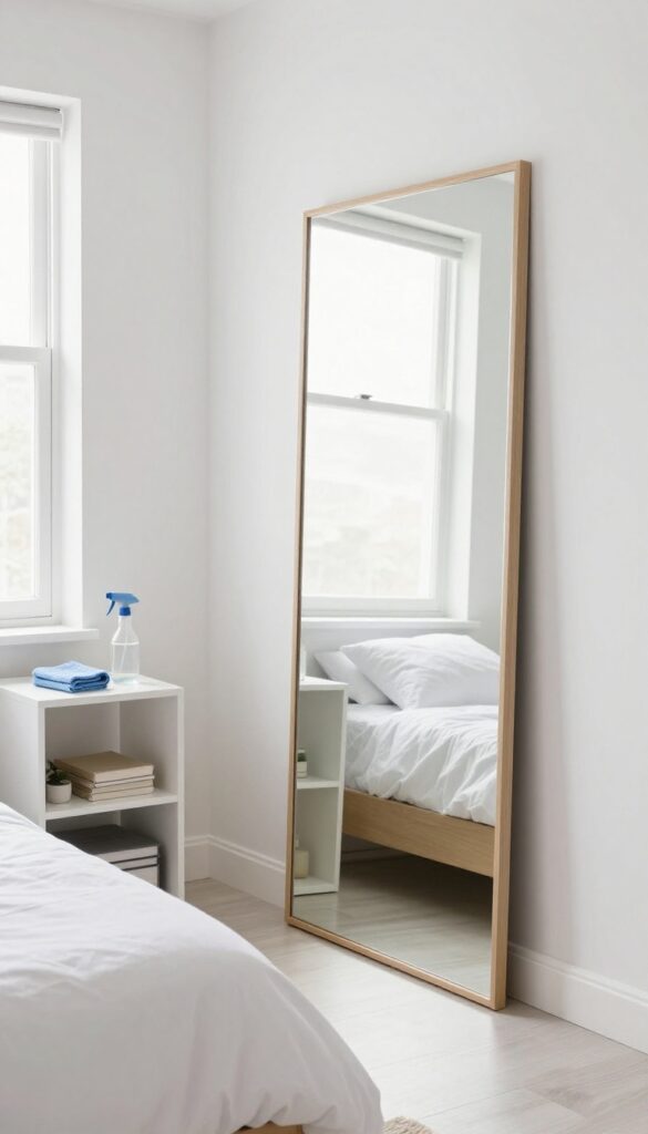 Clean mirror reflecting a tidy bedroom with cleaning supplies on nightstand