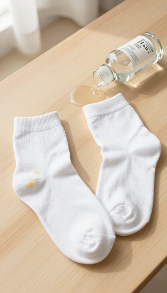 White sock with hydrogen peroxide pre-treatment for stain removal
