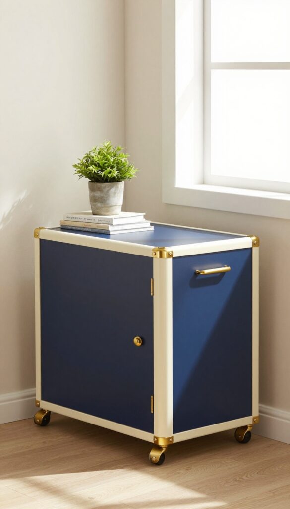 Two-tone painted dog crate end table with navy and cream colors, brass hardware, and decor items in a bright living room