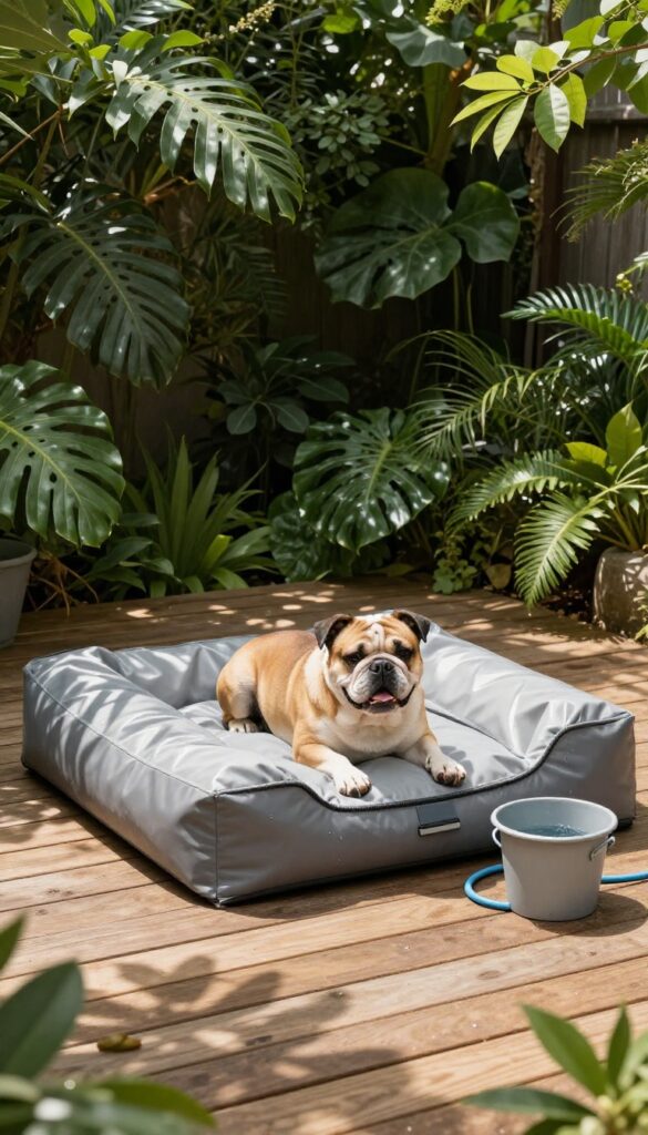 Waterproof foam dog bed with removable cover in a shady backyard, with a dog resting on it.