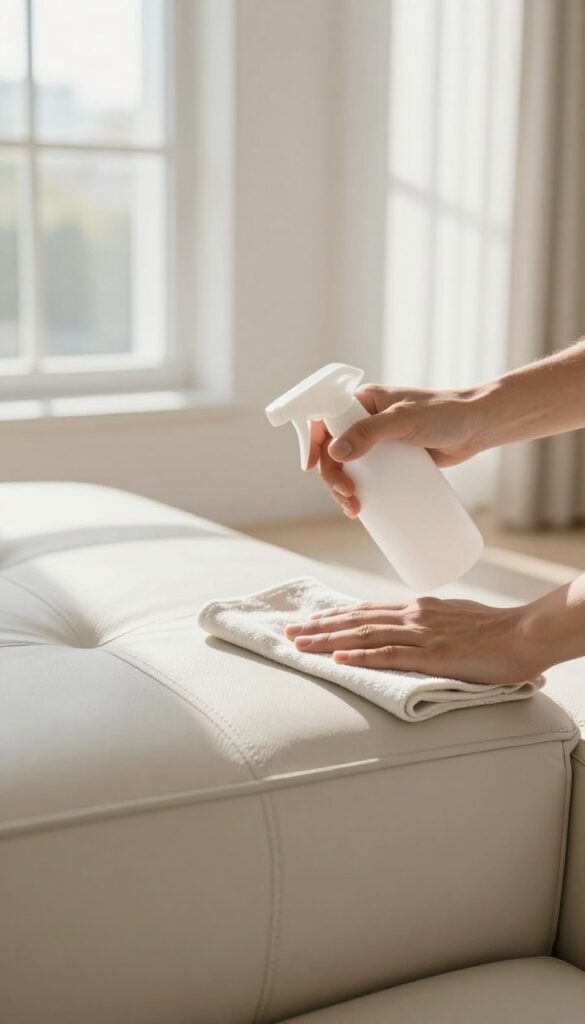 Professional leather cleaner treating a leather couch with a spray bottle and cloth in a bright living room
