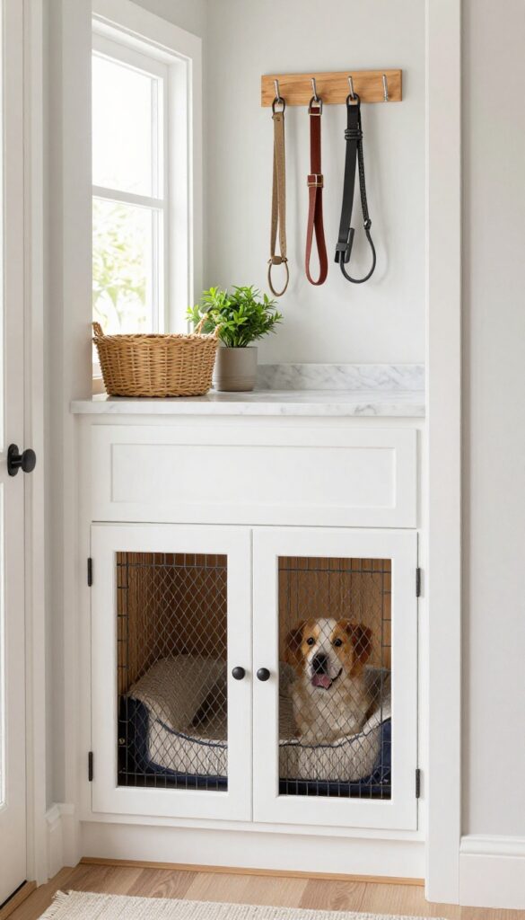 Built-in entryway crate cabinet with dog looking out, leashes and decor on top, bright natural light.