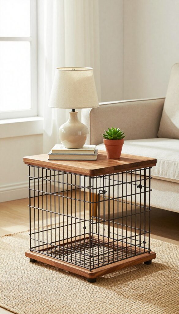 Dog crate turned into a side table with lamp, books, and plant in a bright living room