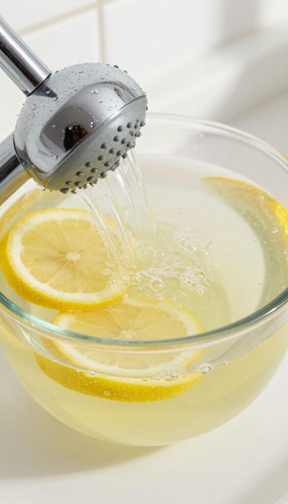 Chrome shower head soaking in a bowl of lemon juice and warm water, with lemon slices and bubbles, bright natural light, clean bathroom background.