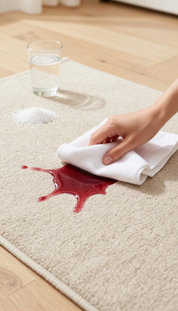 Spot cleaning red wine spill on carpet with salt and club soda