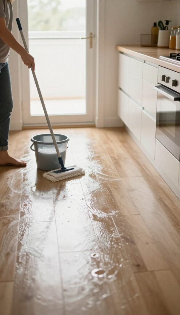 Person mopping a clean kitchen floor with natural light and shiny wet surface