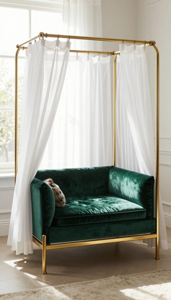Luxurious emerald velvet dog canopy bed with gold brass frame in a bright elegant living room