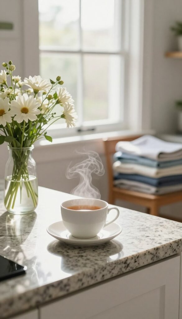 A clean kitchen counter with a cup of tea and folded laundry, celebrating a small cleaning win.