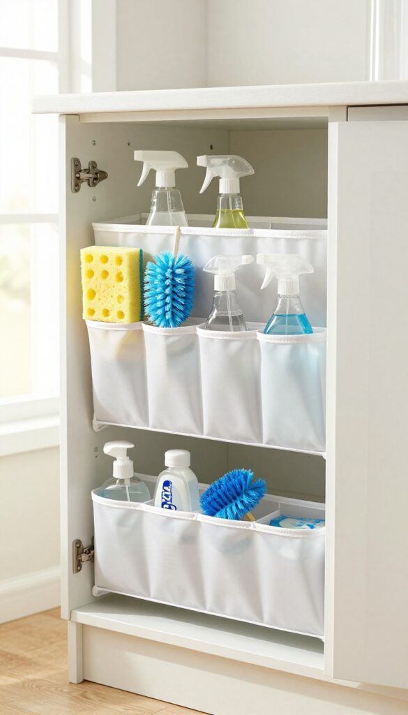 Over-the-door shoe organizer repurposed for cleaning supplies in a cupboard