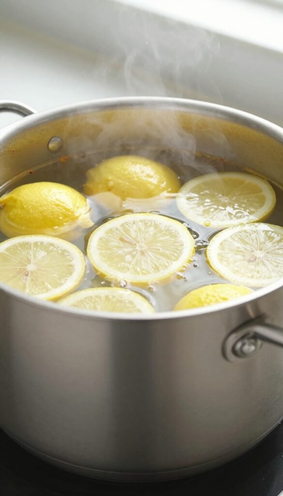 Boiling lemon slices in a burnt stainless steel pot on a stove, natural light, clean kitchen background