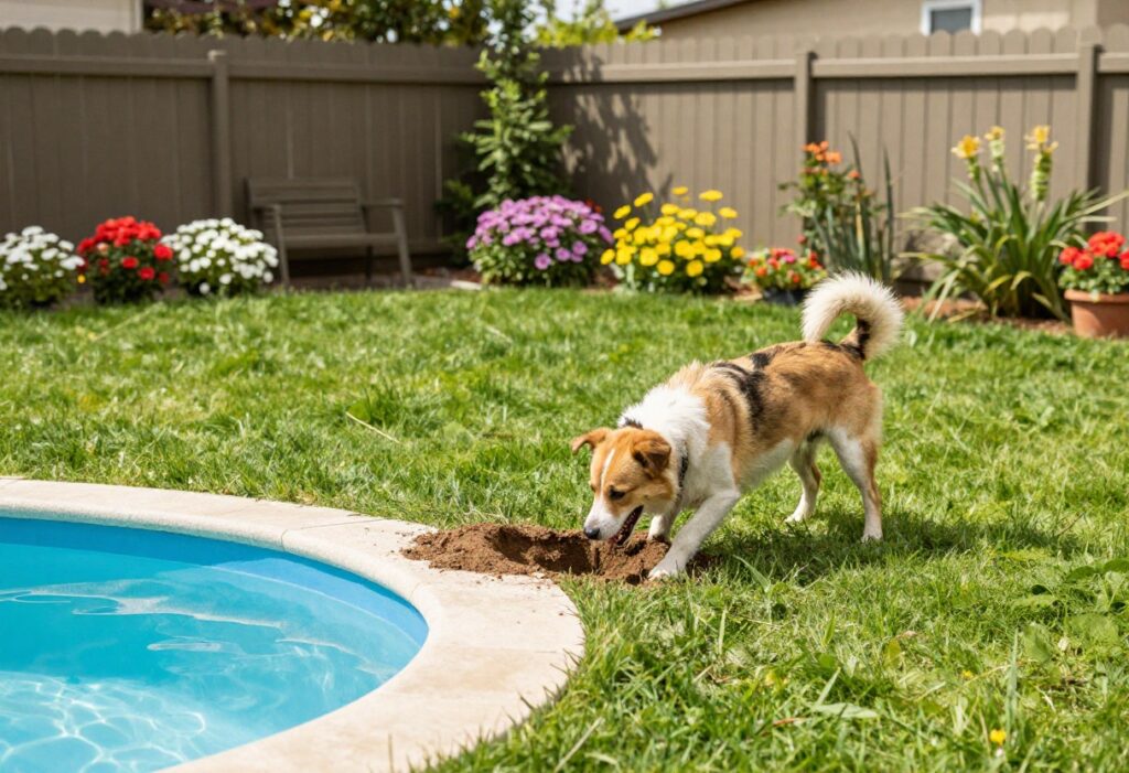 Dog-friendly backyard with a splash pool, digging pit, and lush greenery