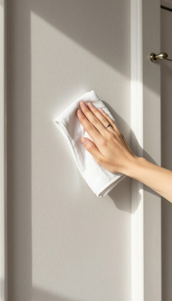 A hand wiping a clean wall with a microfiber cloth in a bright, sunlit room with a door in the background.