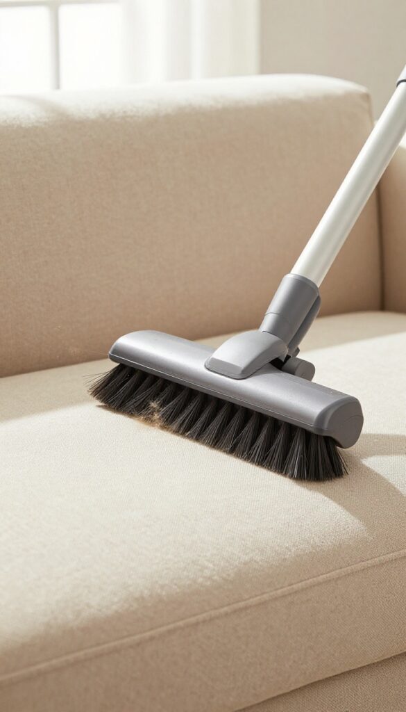 Vacuuming upholstery with brush attachment on a beige sofa in natural light