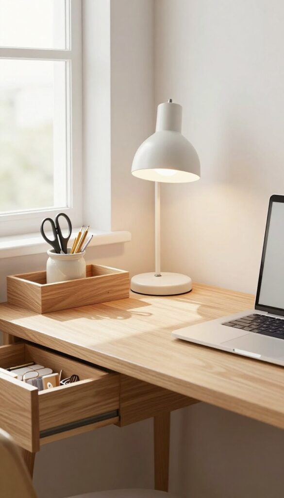 A clean desk with scissors in a holder and an open drawer of organized stationery, illustrating the concept of giving every item a designated home.
