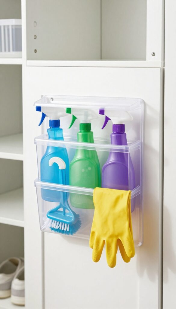 Clear over-the-door shoe organizer holding spray bottles and cleaning tools on the back of a pantry door