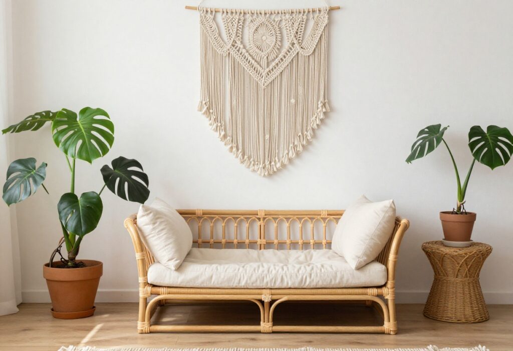 Boho dog bed in a cozy living room with rattan and macrame decor
