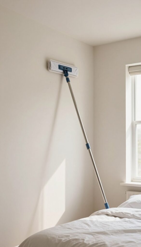 Person using a microfiber mop to clean walls and ceilings in a bright bedroom