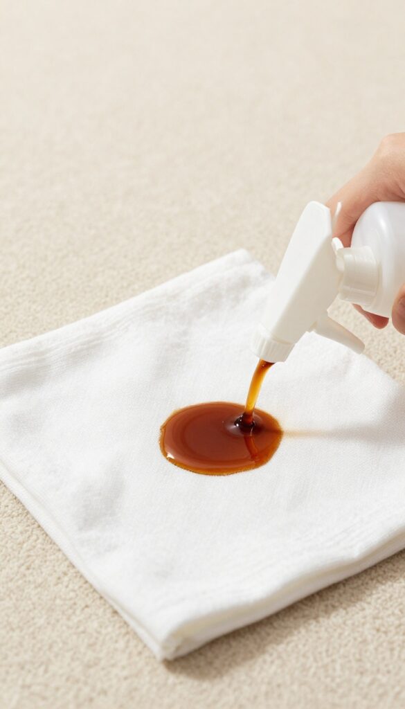 White cloth blotting coffee stain on beige carpet with vinegar spray bottle nearby