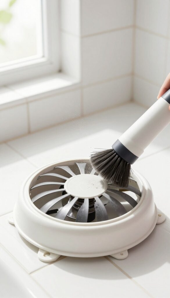 Cleaning a bathroom exhaust fan cover with a vacuum brush attachment