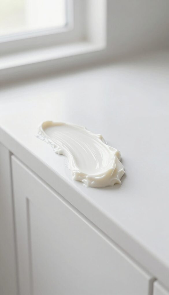 Applying cream of tartar and vinegar paste to a white kitchen cabinet door to remove grease