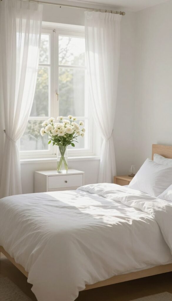 A clean, bright bedroom with fresh flowers and natural light, evoking a sense of calm and order after cleaning.